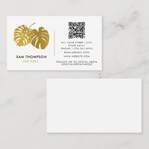 Cartão De Visita Código QR Social de Monstera Tropical Dourado Mode