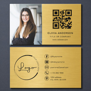 Cartão De Visita Código QR Social Media Dourado de Foto Profissiona