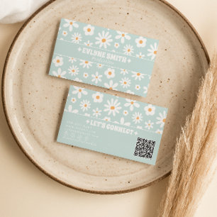 Cartão De Visita Código QR Teal Retro Anos 70 Floral Boho Único
