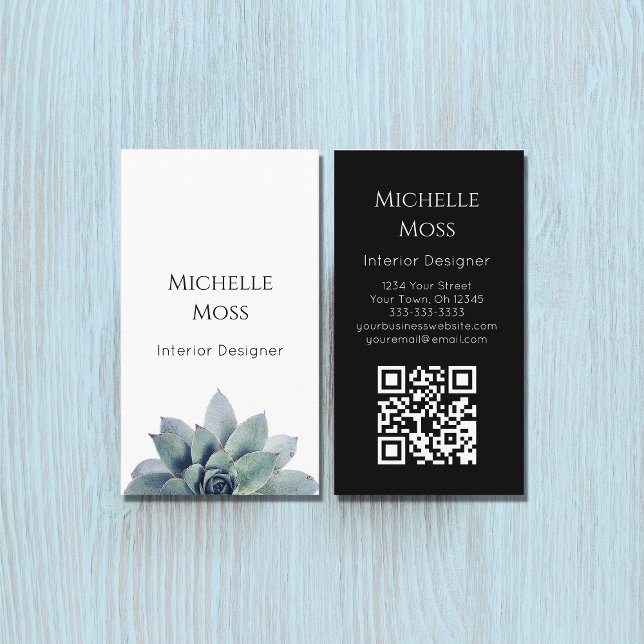 Cartão De Visita Código QR Verde Botânico Moderno Preto Branco (Criador carregado)