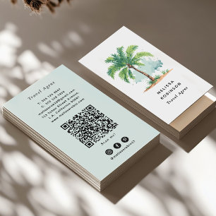 Cartão De Visita Código QR Verde de Árvore de Palma de Praia em Aqu