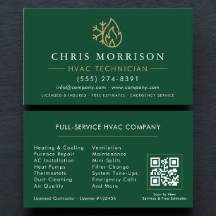 Cartão De Visita Código QR Verde Ouro HVAC Moderno