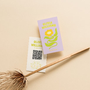 Cartão De Visita Código QR Verde Roxo Retro Groovy Floral Moderno