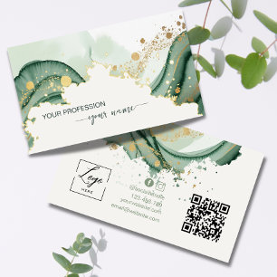 Cartão De Visita Código Qr verde Sage aquarela