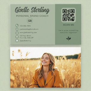 Cartão De Visita Código QR Verde Sage Foto Monograma Mídia Social