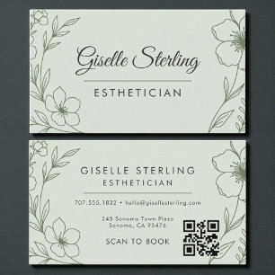 Cartão De Visita Código QR Verde Sálvia Botânico Esteticista Floral