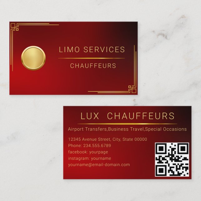 Cartão De Visita Código QR Vermelho Do Serviço De Chauffeur Do Limo (Frente/Verso)