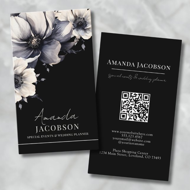 Cartão De Visita Código QR Vertical - Profissional Floral Preto Ele (Vertical QR Code Black Floral Elegant Professional Business Card)