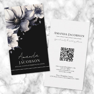 Cartão De Visita Código QR Vertical - Profissional Floral Preto Ele