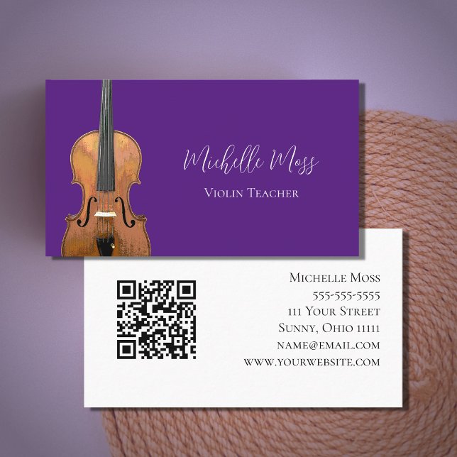 Cartão De Visita Código QR Violin Teacher Purple Musical (Criador carregado)