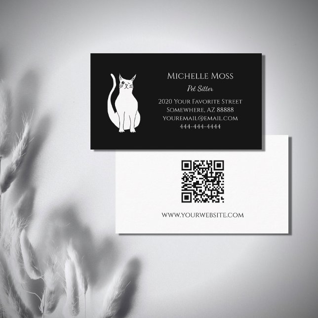 Cartão De Visita Código QR White Cat Pet Sitter Scanner Preto (Criador carregado)