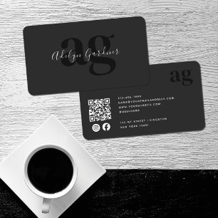 Cartão De Visita Código QR White Monograma preto Script de mídia so