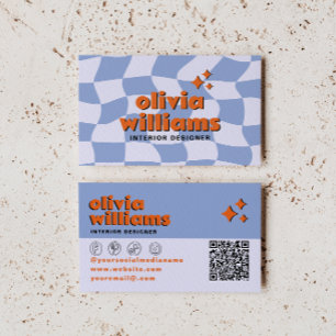 Cartão De Visita Código QR Xadrez Groovy Laranja Azul Retro Único