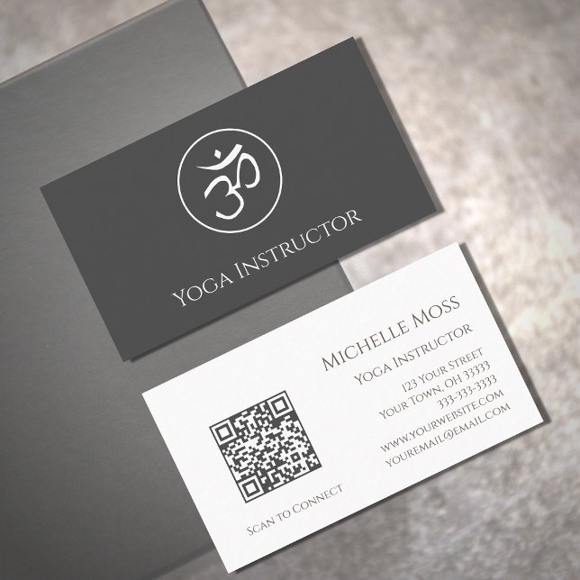Cartão De Visita Código QR Yoga Instrutor Om Símbolo Simples Cinza (Criador carregado)