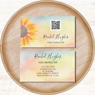 Cartão De Visita Código QR Yoga Instrutor Sunflower Watercolor