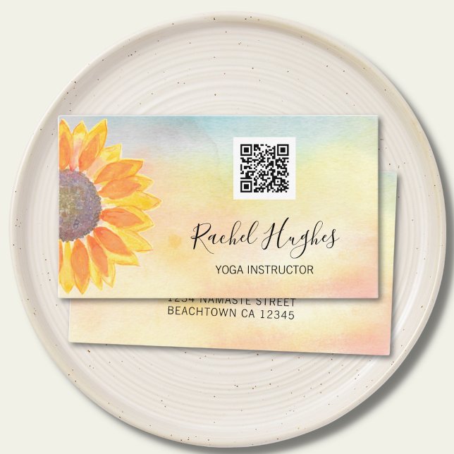 Cartão De Visita Código QR Yoga Instrutor Sunflower Watercolor (Criador carregado)