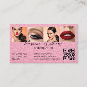 Cartão De Visita Códogo QR Rosa Chic de Couro Artista de Maquiagem