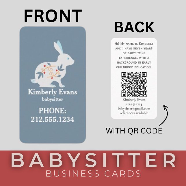 Cartão De Visita Coelho SCANDI Marinho Floral Babysitter Código QR (SCANDI Bunny Rabbit Floral Navy Babysitter Business Cards )