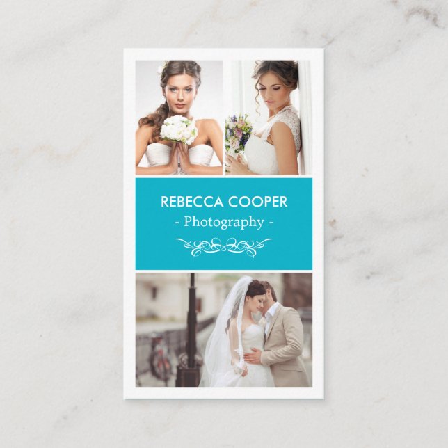 Cartão De Visita Colagem de Fotografias - Azul Scuba Moderno (Frente)