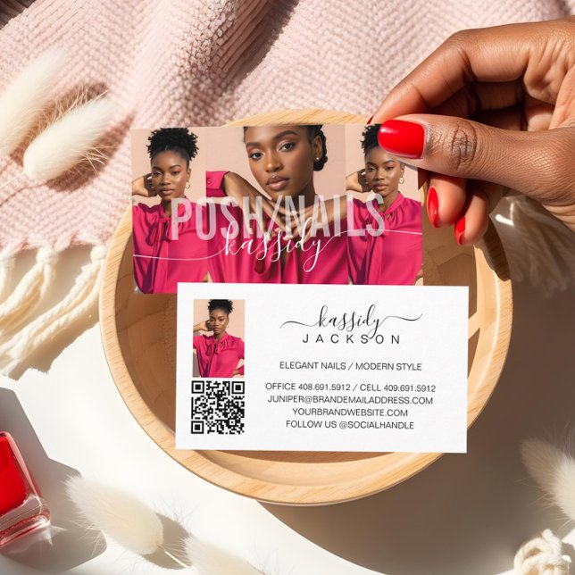 Cartão De Visita Colagem de Fotografias Nome de Negrito Script Cali (Photo Collage Bold Name Script Calligraphy QR Code Business Card)