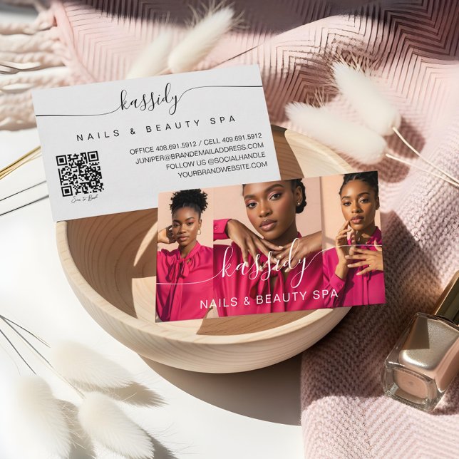 Cartão De Visita Colagem de Fotografias Script Calliografia Monogra (Photo Collage Script Calligraphy Monogram QR Code Business Card)