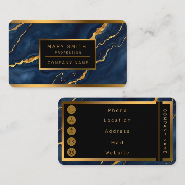 Cartão De Visita Coleção de mármore Dourado Azul-Marinho Popular (Frente/Verso)