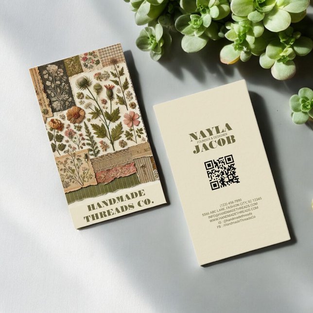 Cartão De Visita Coleta rosa verde e vestuário feito à mão (Criador carregado)