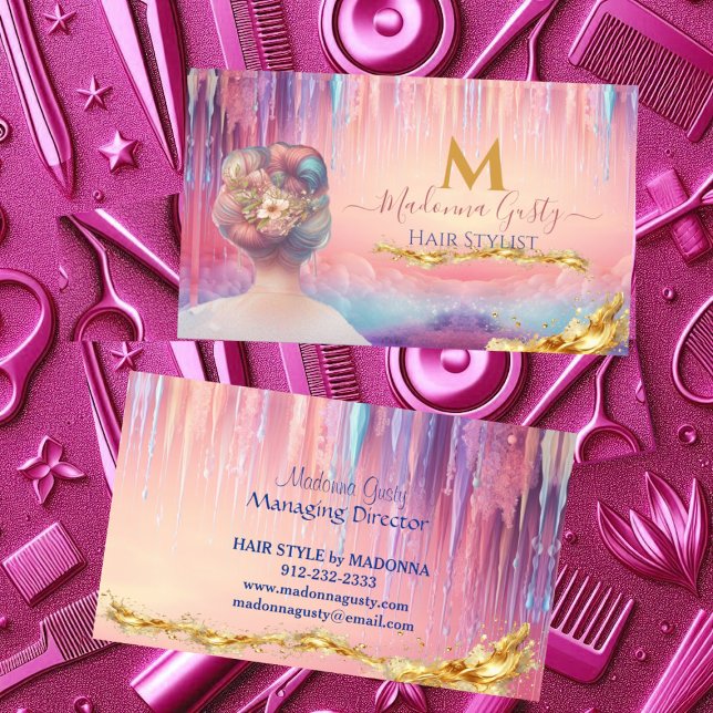 Cartão De Visita Coletor Dourado Monograma de Pêlos Rosa-Rosa (Dripping Pastel Pink Gold Monogram Hair Stylist Business Card)