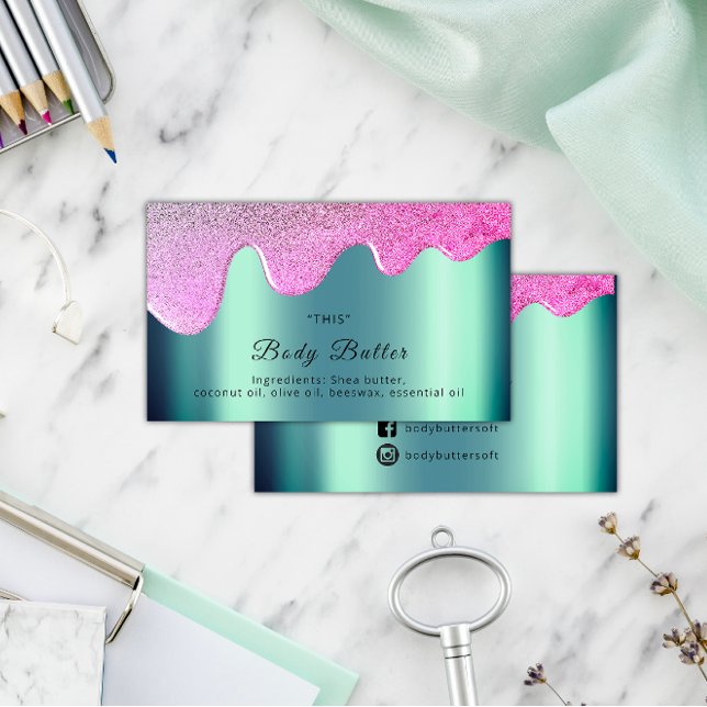 Cartão De Visita Colírio de Manteiga Corpo Encapsulamento de Produt (Body Butter Drips Product Packaging Pink Social Business Card)