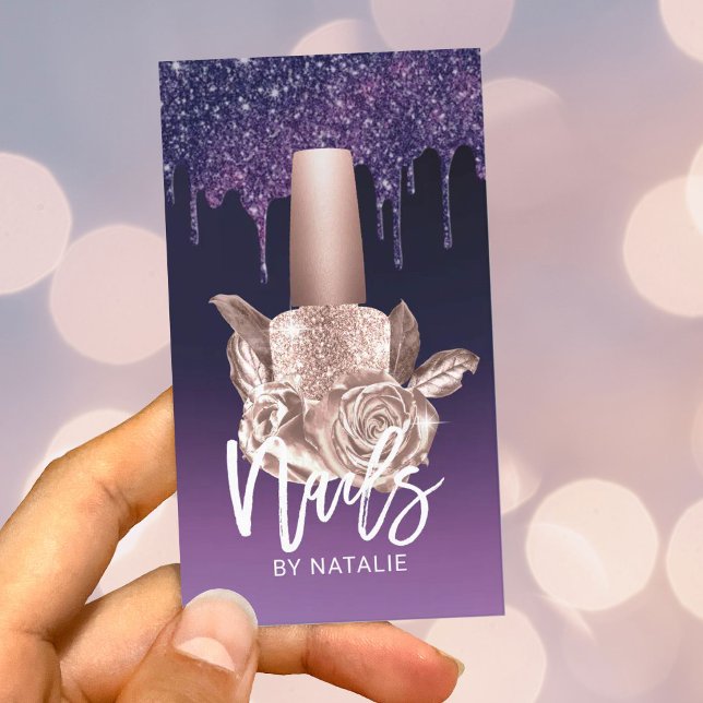 Cartão De Visita Colírio Nail Salon Rosa Dourado Floral Modern Purp (Criador carregado)