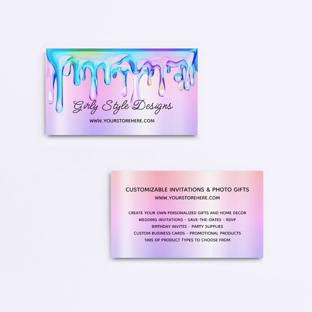 Cartão De Visita Colírios Holográficos de Pintura Pastel Arco-Íris (Holographic Paint Drips Pastel Rainbow Ombre Business Card)