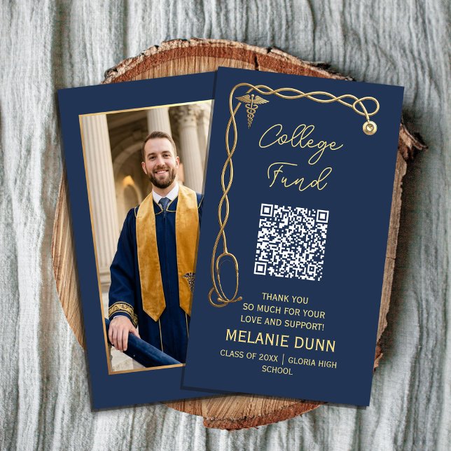 Cartão De Visita College fund Navy Blue & Gold Medical graduation (College fund Navy Blue & Gold Medical graduation #collegefund #collegefundqrcode #seniorcollege)