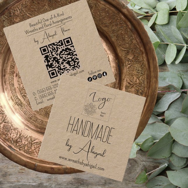 Cartão de visita com artesanato minimalista de log (Logo Minimalist Handmade and Handcrafted QR Code Kraft Paper Business Card)
