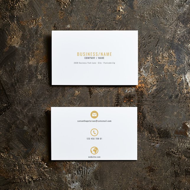 Cartão de visita com ícones em branco e dourado. c (White and gold business card. Professional business card with 3 bold and simple icons)