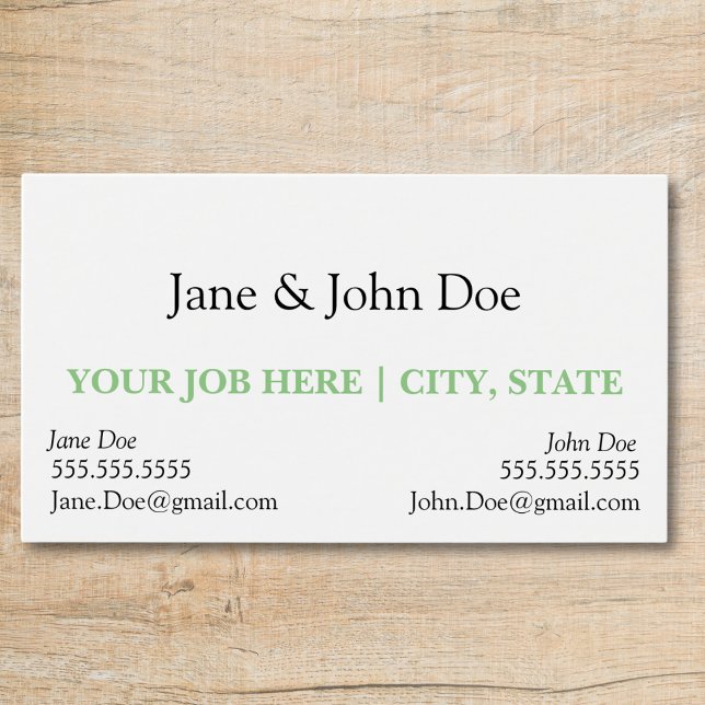 Cartão de visita com ponto para dois nomes (business card with slot for two names professional black and white with green text, two contacts)