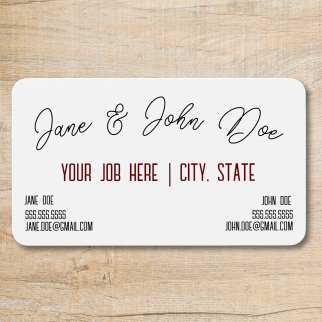Cartão de visita com ponto para dois nomes (business card with slot for two names curved script black and white with maroon text, two contacts)