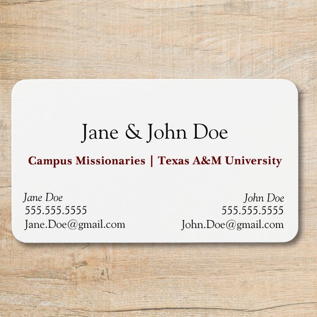 Cartão de visita com ponto para dois nomes (business card with slot for two names professional black and white with maroon text, two contacts)