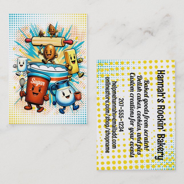 Cartão De Visita Comic book hippie baking ingredients bakery (Frente/Verso)