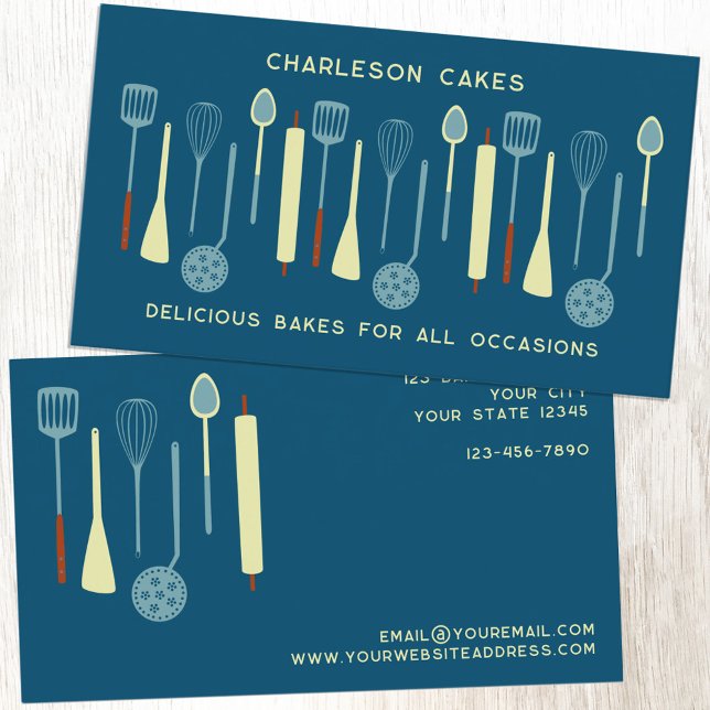 Cartão De Visita Comida de catering para cozinha retrô (Retro kitchen utensils custom business card with editable text for baker, cook, catering, cafe, food)