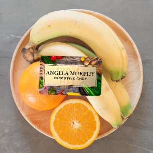 Cartão De Visita Comida na Mesa de madeira   Quadro Dourado   Ferra