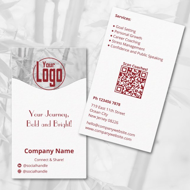 Cartão De Visita Companhia de Treinador da Vida Branca Minimizada (Minimalist Red White Life Coach Company Business Card, Logo, Motto, Social, QR code, Service List)
