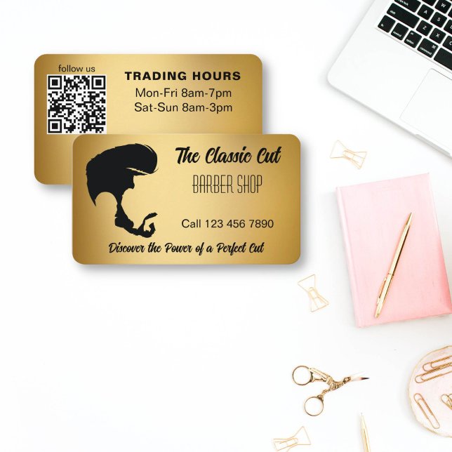 Cartão De Visita Compro barber com código qr dourado e preto (Barber shop business cards qr code gold and black men haircut silhouette barber business cards)