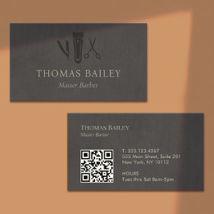 Cartão De Visita Compro Barber Elegante, Código QR Hair Stylist
