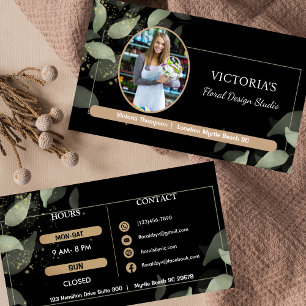 Cartão De Visita Compro Floral Florista Preto-Elegante e Dourado Mo