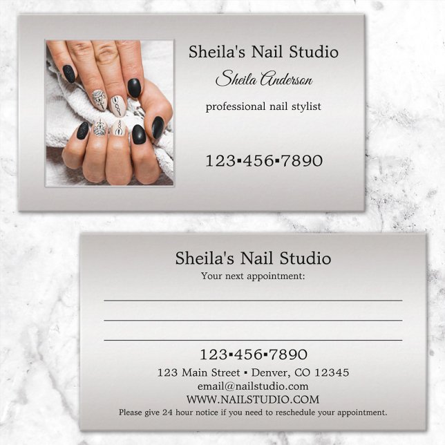 Cartão De Visita Compromisso do Silver Custom Photo Nail Studio (Criador carregado)