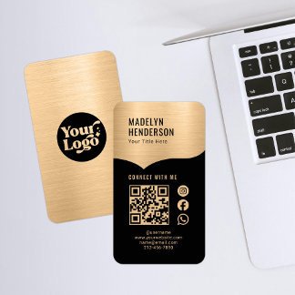 Cartão De Visita Conectar mídia social com código QR preto Dourado