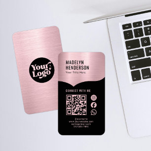 Cartão De Visita Conectar mídia social de código QR Dourado do Rosa