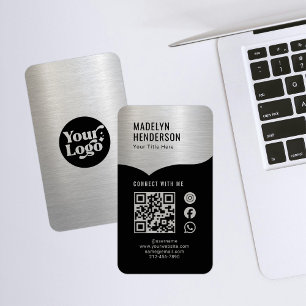 Cartão De Visita Conectar mídia social de código QR preto de prata