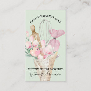 Cartão De Visita Confeiteiro da Padaria Verde Flores Rosa Boho