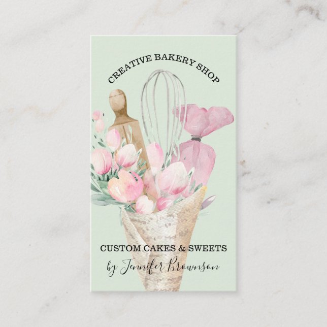 Cartão De Visita Confeiteiro da Padaria Verde Flores Rosa Boho (Frente)